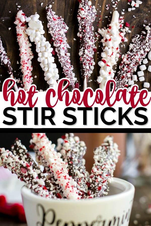 some white and red sprinkles are in a cup next to the words hot chocolate stir sticks