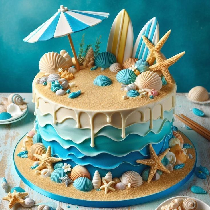 a blue and white cake decorated with seashells, starfish, and umbrella