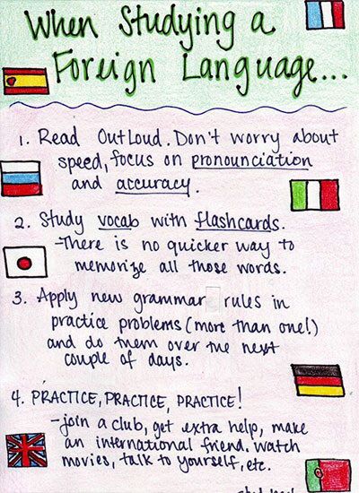 a piece of paper with writing on it that says when studying foreign language, read aloud don't worry about speaking