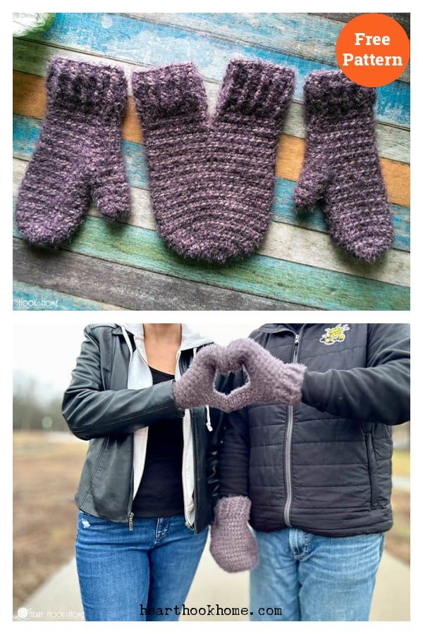 two pictures showing the same pair of knitted mittens