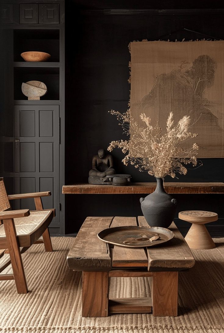 a living room filled with furniture and a vase on top of a wooden coffee table