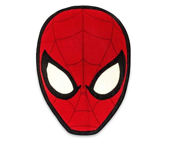 a close up of a spiderman mask on a white background with black and red eyes