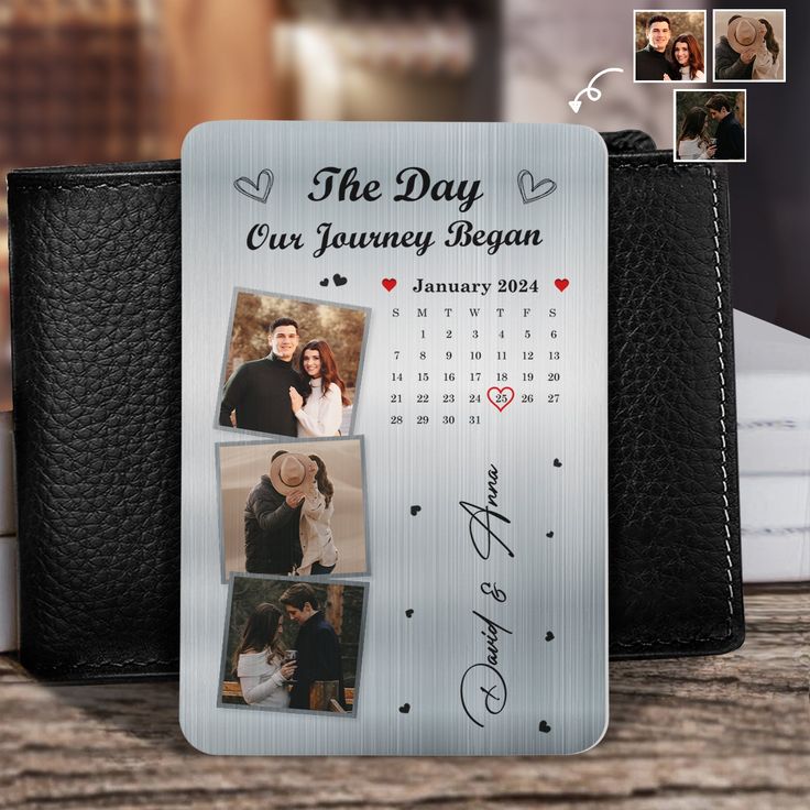 a couple's personalized wallet with photos on it and the date for their wedding