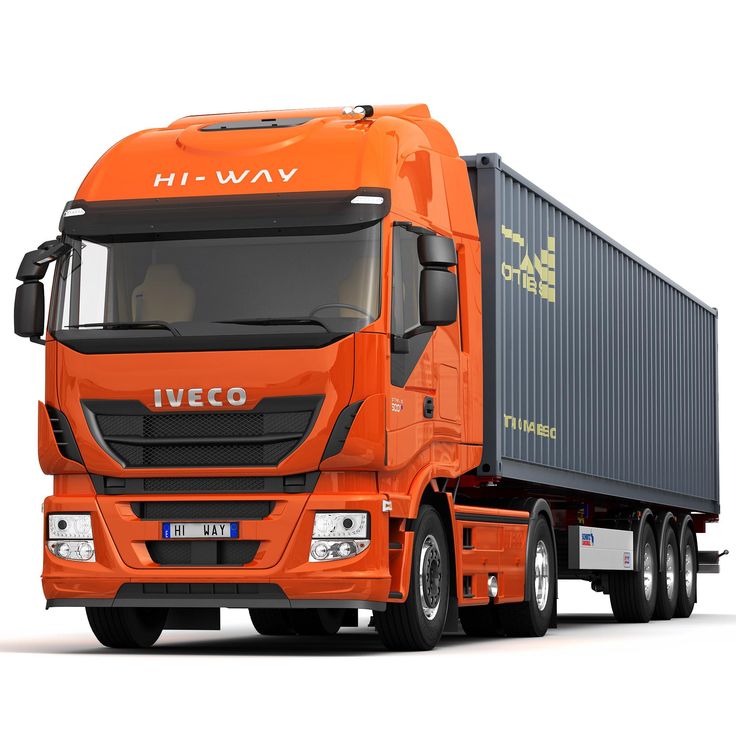 an orange semi truck is shown on a white background