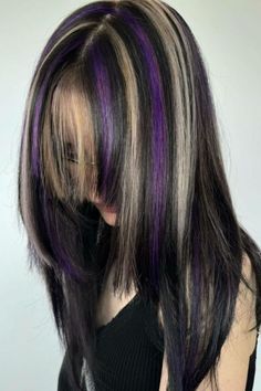 Blonde And Purple Highlights, Blonde And Purple, Skunk Hair, Vivid Hair Color, Hair Color Streaks, Purple Highlights, Hair Streaks, Dyed Hair Inspiration, Boring Hair