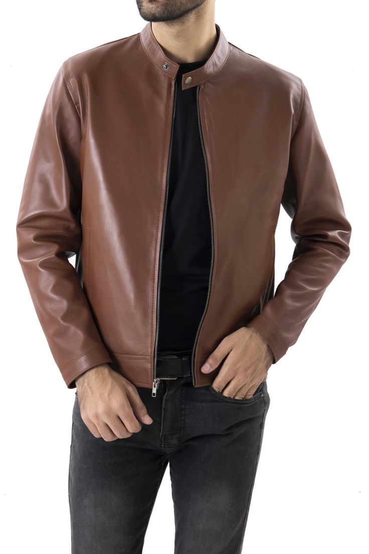 Mens Pure Sheep Leather Jacket – Jildleather Sleek Leather Jacket For Fall, Business Leather Jacket With Zipper For Spring, Spring Business Leather Jacket With Zipper Closure, Sleek Brown Long Sleeve Outerwear, Brown Leather Biker Jacket With Stand Collar, Leather Jacket With Button Zip Fly For Fall, Classic Business Biker Jacket With Zipper Closure, Classic Leather Jacket With Zipper For Fall, Solid Leather Jacket With Zipper Closure