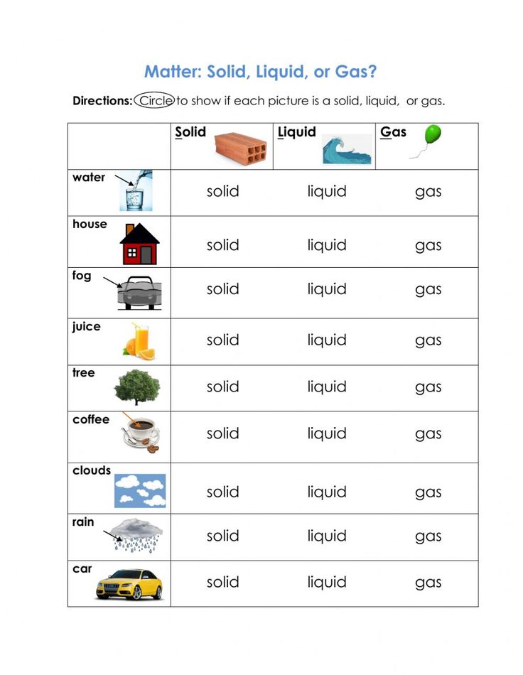 a worksheet with different types of liquids and gas