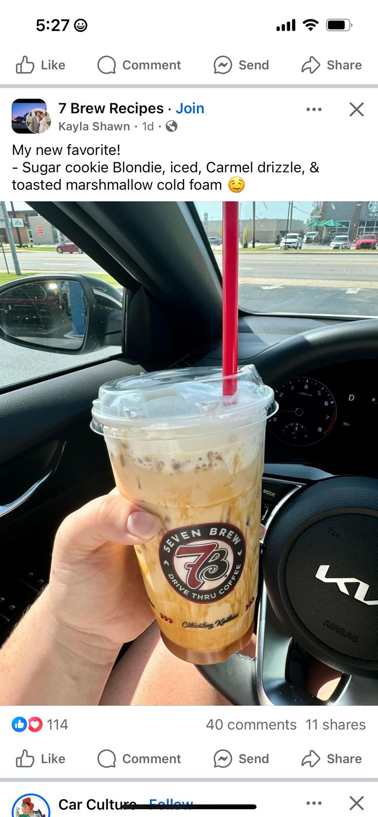 a person holding up a drink in front of a car steering wheel with the caption that reads, i'm new favorite iced iced caramel coffee