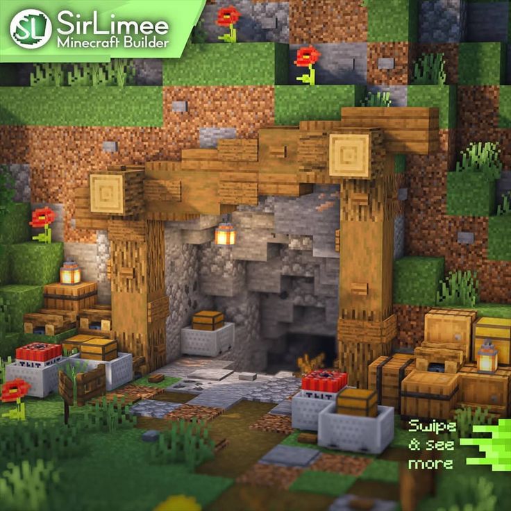 SirLimee | Minecraft Builder on Instagram: “Mine Entrance design ⛏ this one is inspired by @artic.uno_mc, i really like the style Follow me for more builds ~ Like and share with…” Minecraft Empty Space Ideas, Upgraded Village Minecraft, Smelting Area Minecraft, Mining Entrance Minecraft, Mine Ideas Minecraft, Minecraft River Bridge, Minecraft Cave Entrance, Minecraft Mine Entrance, Minecraft Market