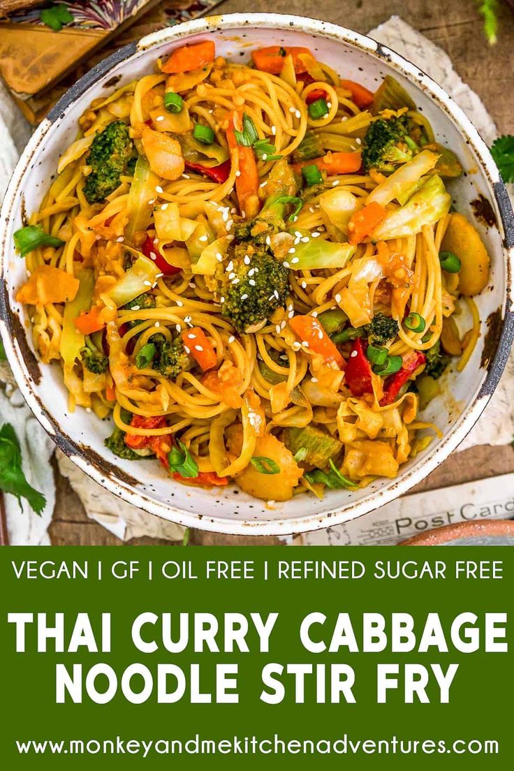 vegan thai curry cabbage noodle stir fry in a white bowl with text overlay