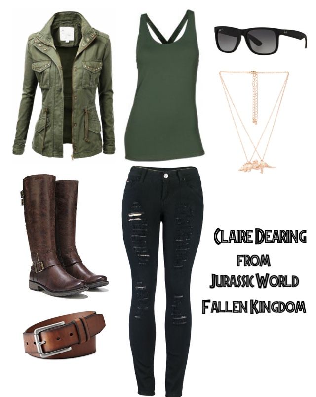 a woman wearing black jeans, green shirt and brown boots with text reading clarie dearing from jurasic world fallen kingdom