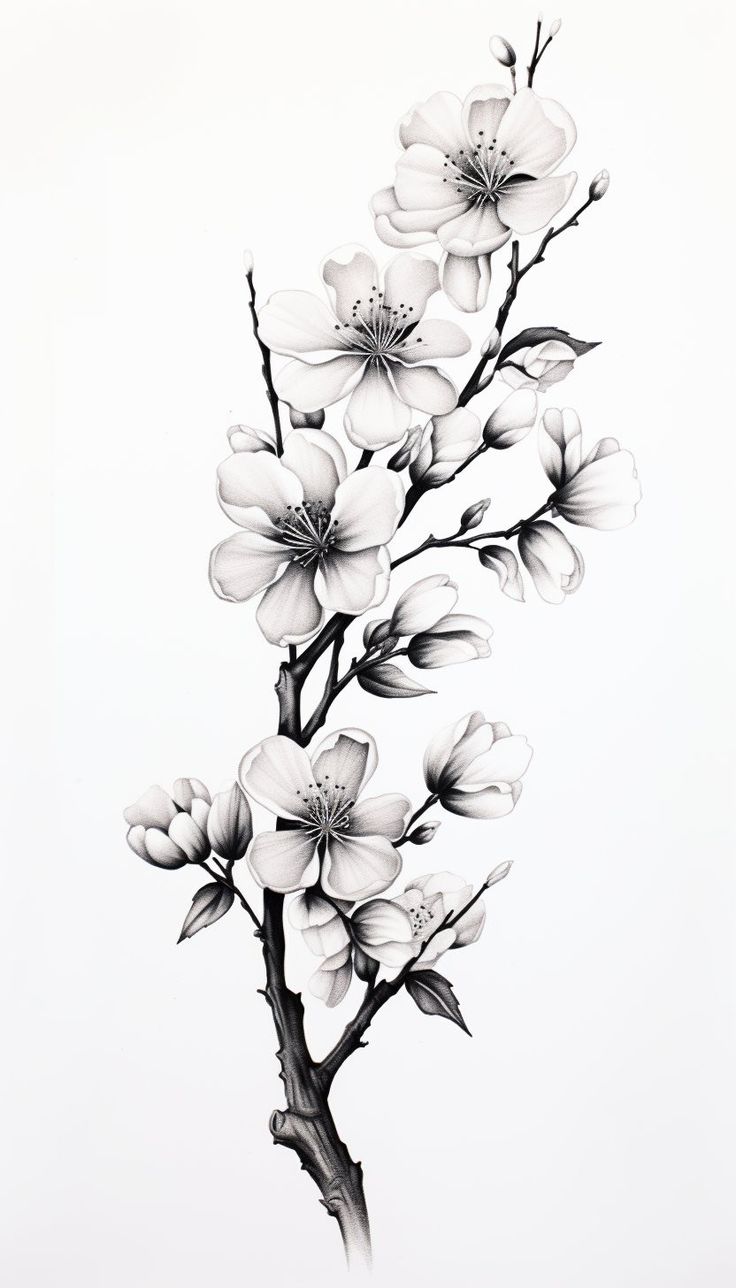 a black and white drawing of flowers on a branch