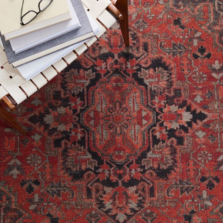 The intricately detailed cut pile area rugs in SAFAVIEH's Capri Collection is inspired by the finest Italian printed silk fabrics for fashion and home. Extra thick and richly textured, Capri rugs are artfully hand-tufted of high quality wool, many designs with silky highlights of viscose yarn. Safavieh Journey 5 X 8 (ft) Navy/Red Indoor Distressed/Overdyed Bohemian/Eclectic Area Rug | JNY153M-5 Red Farmhouse Rug, Red Traditional Rug, Vintage Style Area Rugs, Red Vintage Rug Living Room, Red Orientalist Rug, Red Rugs In Living Room, Red Orientalist Rug Living Room, Red Area Rugs In Living Room, Red Rug Living Room Decor