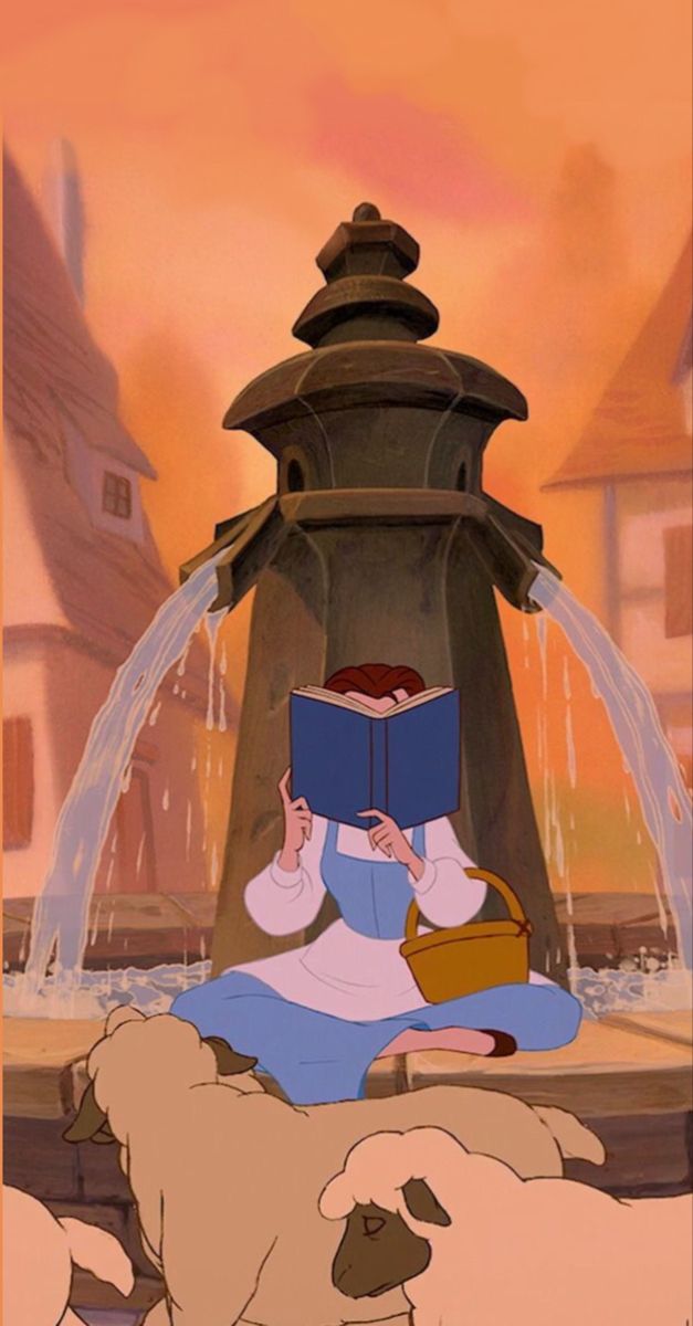 an animated image of a woman reading a book in front of sheep and water fountain