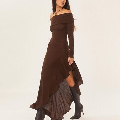 Trendy Fashion Sexy Womens Off Shoulder Long Sleeves Slim Fit Asymmetric Ruffles Party Dress, Womens Dresses Long Ruffle Dress, Nyc Outfits Summer, Ruffle Long Dress, Off Shoulder Long Dress, Nyc Outfits, Eve Dresses, Dress Women Elegant, Bodycon Maxi Dresses, Club Style