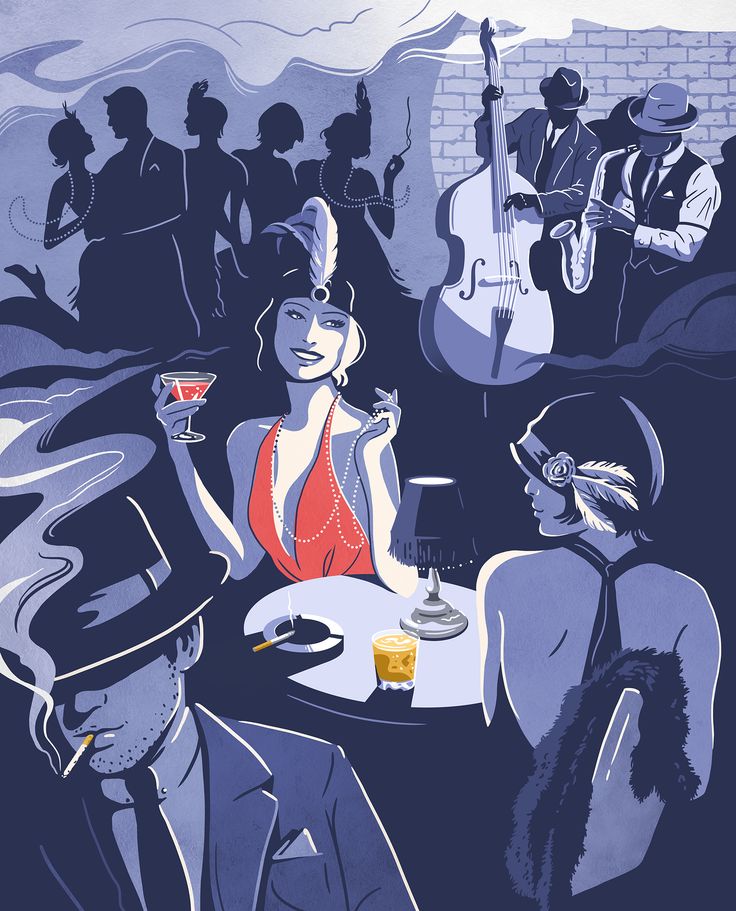 an illustration of people sitting at a table with drinks and music instruments in the background