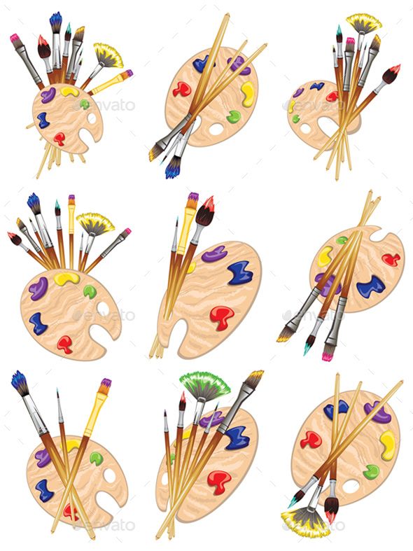 an artist's palette with brushes and paints - miscellaneous objects / arts & crafts