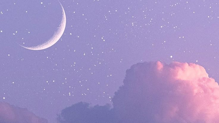 the moon and stars are in the sky above some clouds with pinkish hues