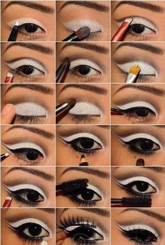 60s Mod Makeup, Sparkle Eye Makeup, Mod Makeup, 1960s Makeup, White Eye Makeup, Cat Eye Makeup Tutorial, Grey Eye Makeup, Black And White Makeup, 60s Makeup