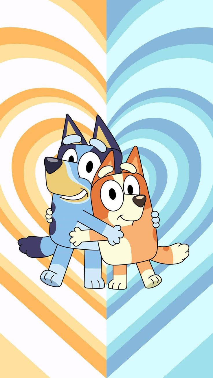 two cartoon cats hugging each other in front of an abstract background