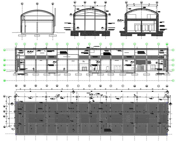 an architectural drawing shows the various sections of a building with windows, doors and floor plans