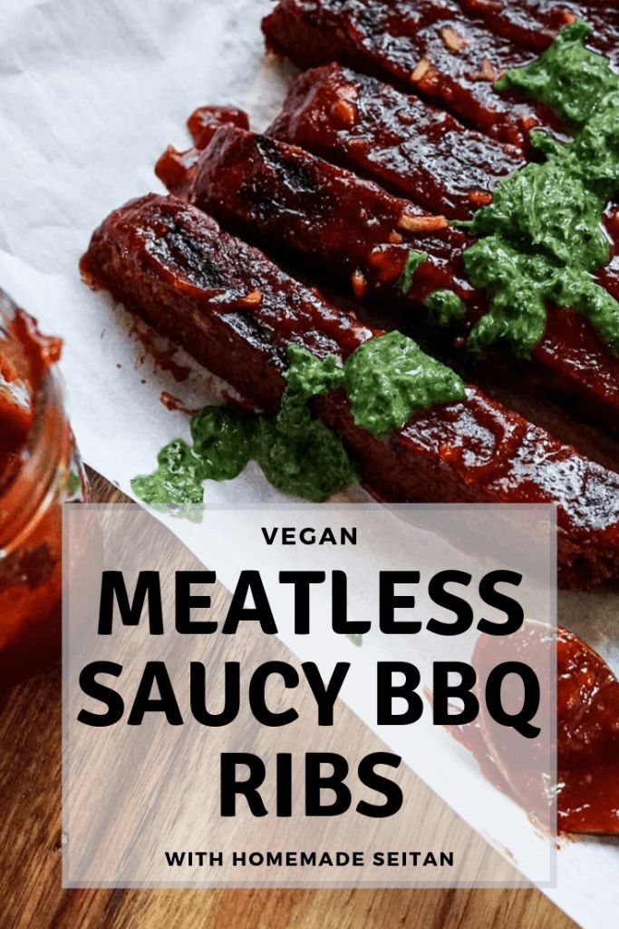 meatless saucy bbq ribs with homemade ketchup on the side