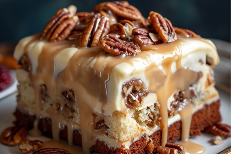 a piece of cake with pecans drizzled on top