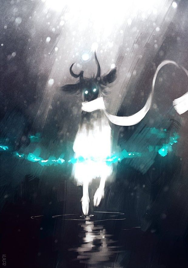 a digital painting of a white and black animal in the rain with bright lights on it's face