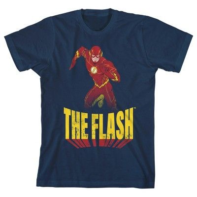 Celebrate the superspeed legend with this Flash tee. The shirt features the superhero The Flash using his superspeed to run as his name appears in tall yellow letters beneath him. The letters cast a red shadow. This tee comes in a navy blue short sleeve crew neck. Bring this t-shirt home to your young Flash fans today. Superhero Short Sleeve T-shirt With Character Print, Fandom Short Sleeve T-shirt With Logo Print, Superhero Pre-shrunk T-shirt For Fan Conventions, Pre-shrunk Superhero T-shirt For Fan Conventions, Superhero T-shirt For Fan Conventions, Red Superhero T-shirt With Short Sleeves, Superhero Character Print Red T-shirt, Superhero Character Print Short Sleeve T-shirt, Red Superhero Character Print T-shirt