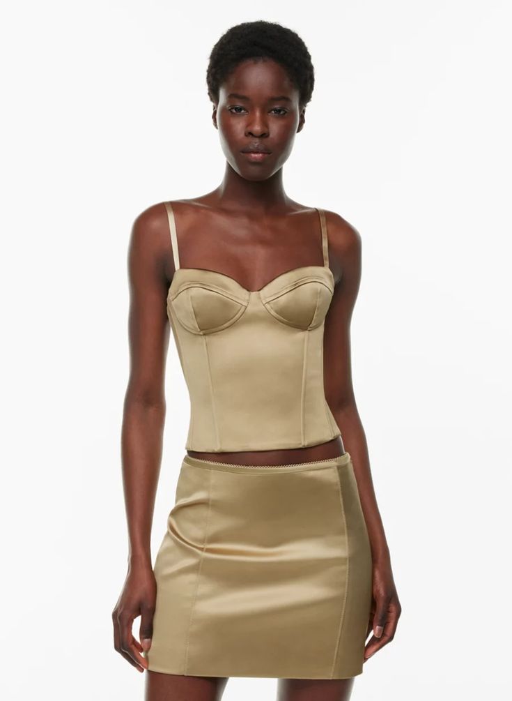 DAZZLE SATIN BUSTIER | Aritzia Chic Overbust Corset With Built-in Bra, Elegant Corset With Built-in Bra For Date Night, Chic Camisole Corset With Built-in Bra, Fitted Camisole With Built-in Bra For Evening, Sweetheart Neckline Corset With Built-in Bra, Sleeveless Satin Corset With Built-in Bra, Party Corset With Built-in Bra And Fitted Bodice, Chic Corset With Built-in Bra, Elegant Corset With Boned Bodice And Spaghetti Straps