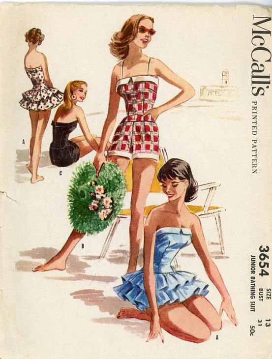 McCall's 3654 ©1956 Bathing Suit Swimsuit Sewing Pattern, Swimsuit Pattern Sewing, Patron Vintage, Sewing Vintage, Sewing Alterations, Vintage Bathing Suits, Rockabilly Pinup, Skirted Swimsuit, Vintage Swimsuit