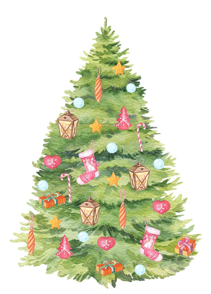 a watercolor christmas tree with presents on it