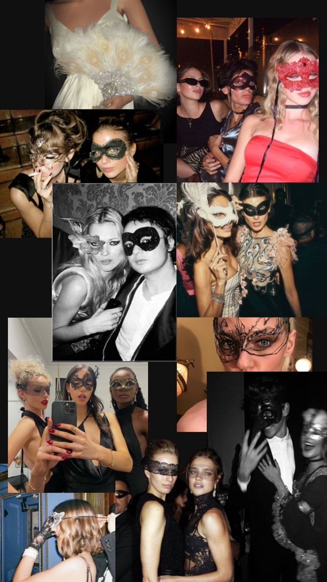 a collage of photos with people dressed up in costumes and masks, including one woman wearing