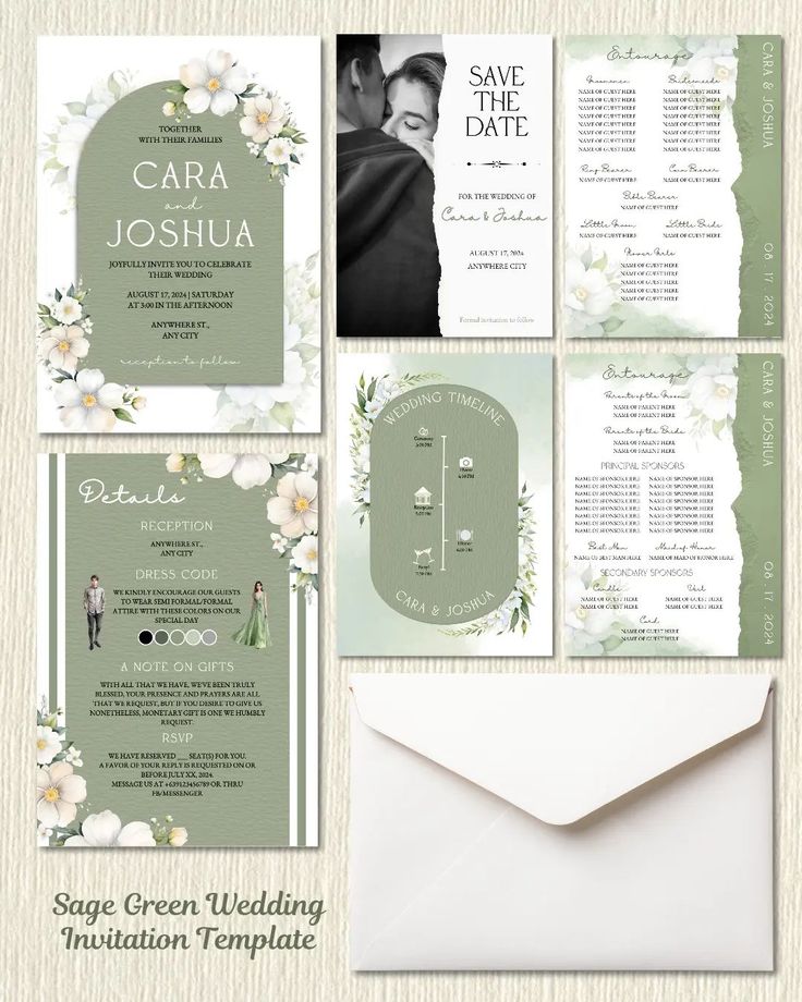 wedding stationery with flowers and greenery on the front, in shades of green