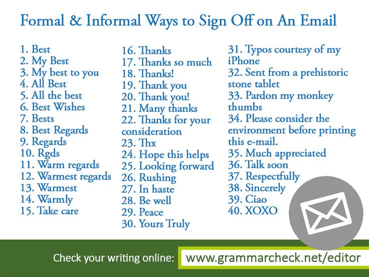 an email sign up sheet with the words,'formal and informal ways to sign on an email '