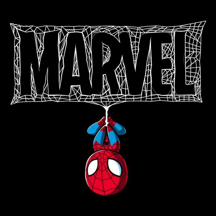 a spiderman hanging from the top of a sign that says,'marvel '