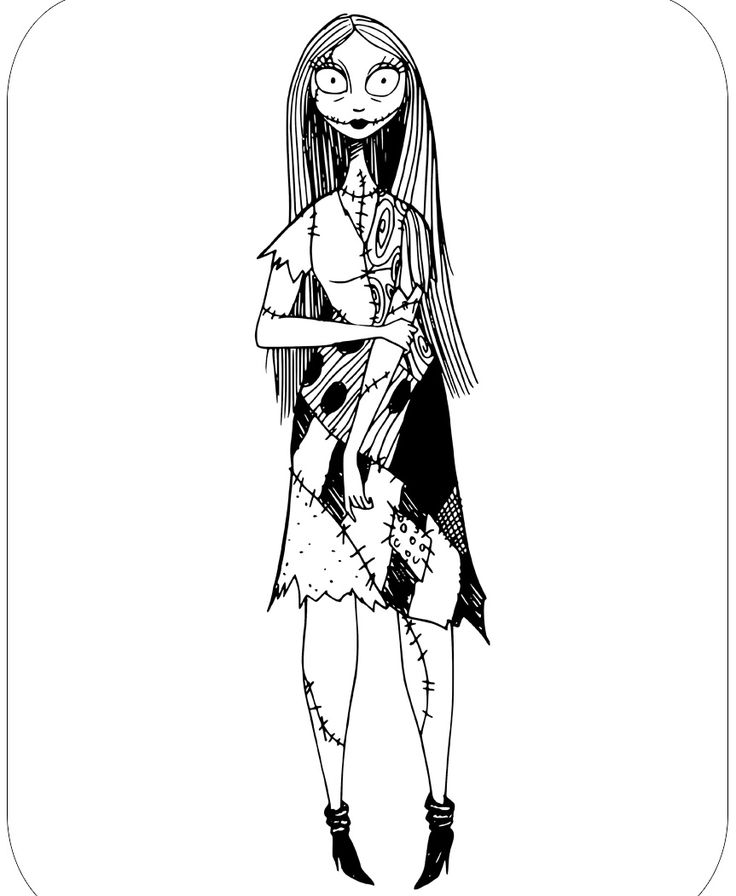 a black and white drawing of a girl with long hair holding an object in her hands