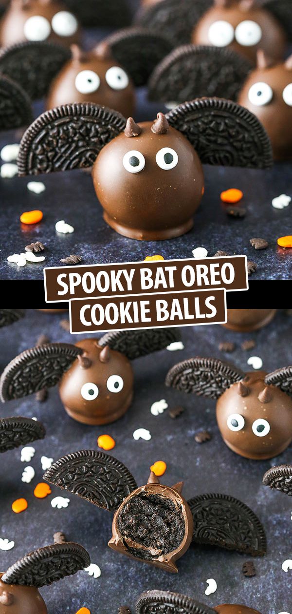 halloween treats with chocolate bats and spooky bat oreo cookie balls