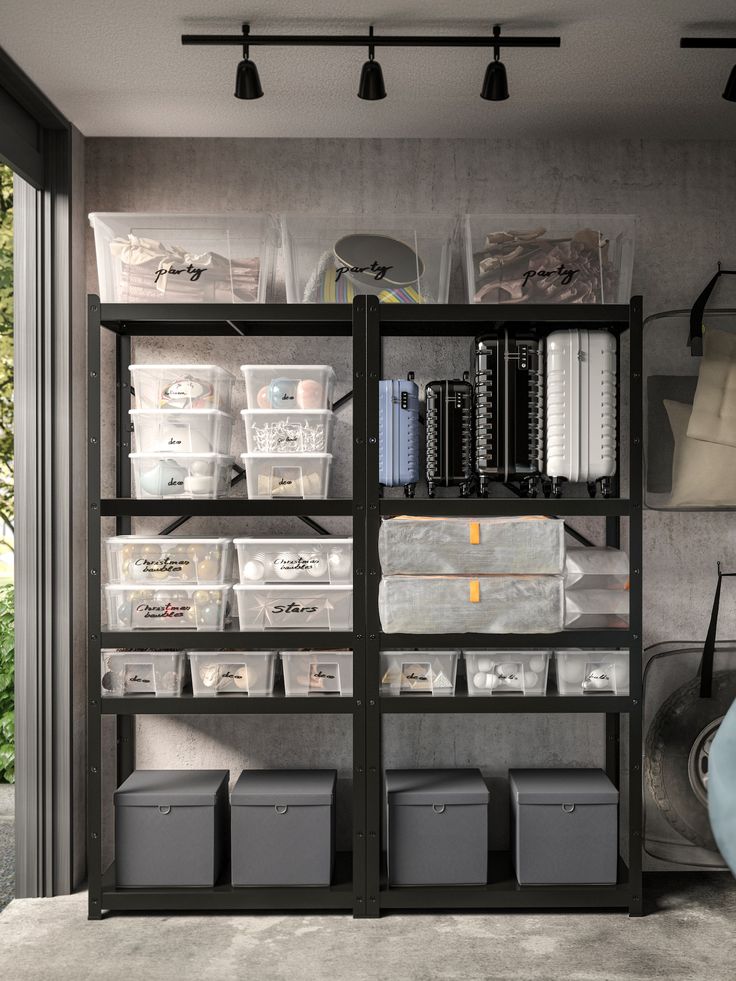 an organized shelving unit with plastic bins