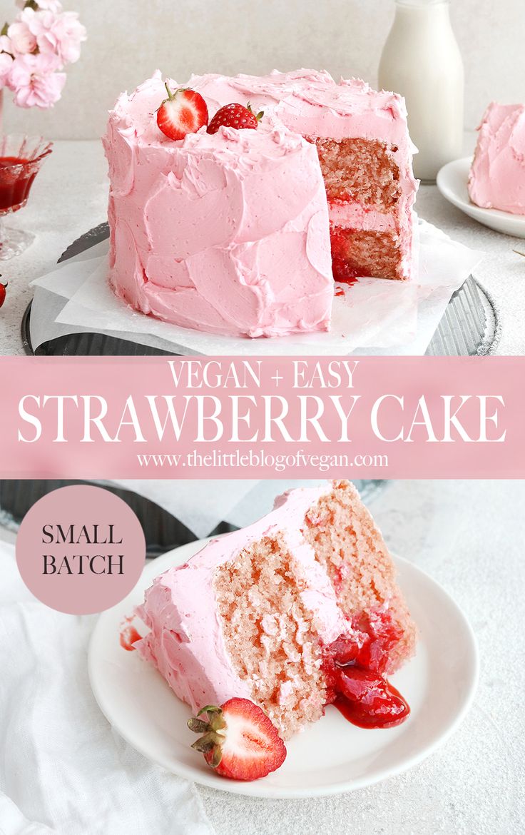 a strawberry cake with pink frosting and strawberries on the top is cut in half