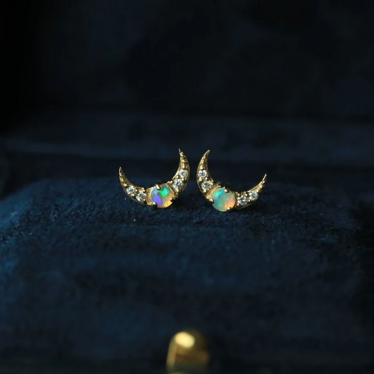 (1) Stackable Crescent Moon Opal Stud Earring - The Chubby Paw Celestial Yellow Gold Earrings With Gemstone, Celestial Yellow Gold Gemstone Earrings, Yellow Gold Celestial Gemstone Earrings, Celestial Jewelry With Matching Round Earrings, Celestial 14k Gold Birthstone Jewelry, Celestial Style 14k Gold Birthstone Jewelry, Opal Jewelry In Yellow Gold With Matching Earrings, Elegant Crescent Moonstone Jewelry, Yellow Gold Opal Jewelry With Matching Earrings