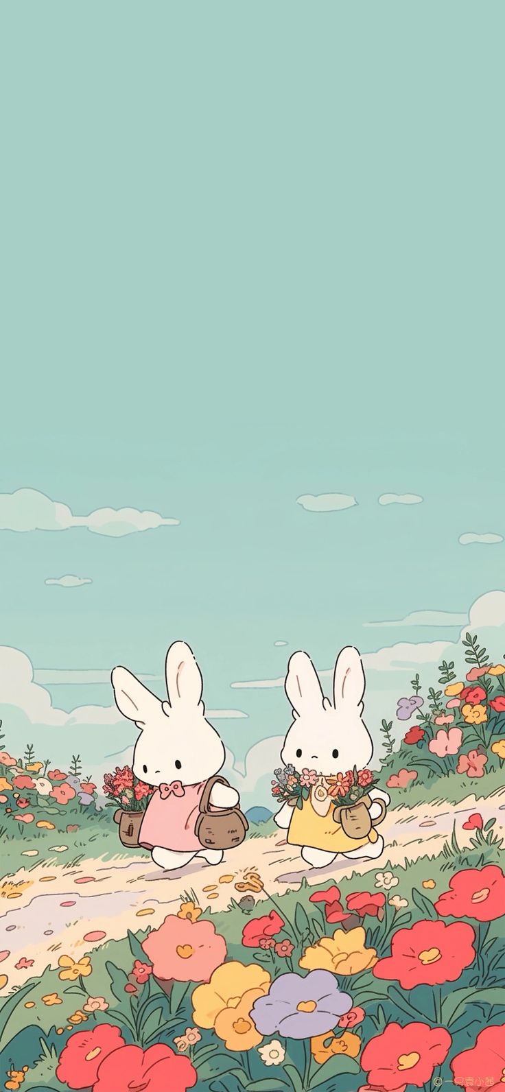 two rabbits are walking down the road with flowers on either side and one is carrying a basket