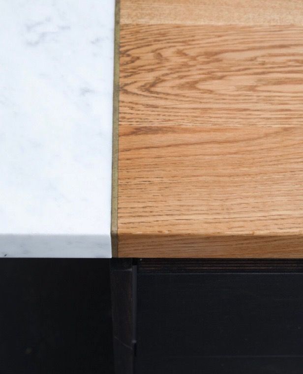 a close up view of a wood and marble counter top