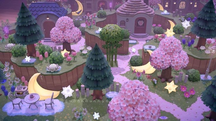 an image of a fantasy garden with trees and flowers