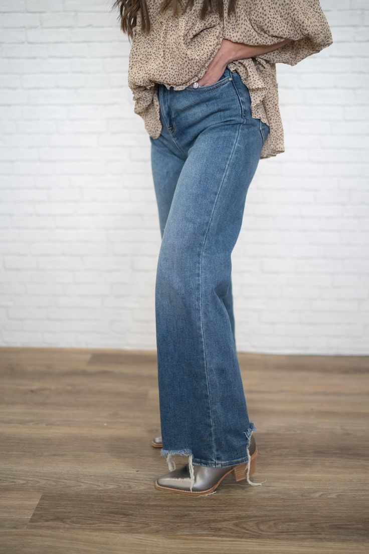 Another perfect pair of pants! For real, these are the most comfy pants ever! High rise Wide leg Stretch denim Frayed hem Medium wash Model is 5'3" and wearing a size 3. 1: Inseam 30.5 3: Inseam 30.5 5: Inseam 31 7: Inseam 31 9: Inseam 31.5 11: Inseam 31.5 13: Inseam 32 15: Inseam 32 Comfy Pants, Leg Stretching, Pair Of Pants, Jeans For Sale, For Real, Bell Bottom Jeans, Stretch Denim, Perfect Pair, That Look