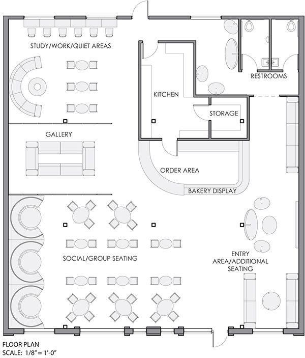 the floor plan for a restaurant with seating areas and an open kitchen area on one side