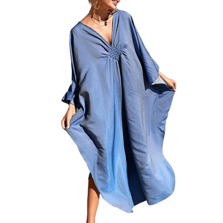 Blue Front Woven Bat Sleeve Beachwear Kimono Casual V-neck Cover-up For Day Out, Casual Solid Beach Dress For Spring, Solid Color Casual Beach Dress For Spring, V-neck Cover-up For Spring/summer Outings, Chic Blue V-neck Cover-up, Casual Blue V-neck Beach Dress, Casual Solid Color Beach Dress Cover-up, Blue Beach Dress Cover-up For Spring, Relaxed Fit V-neck Cover-up For Vacation