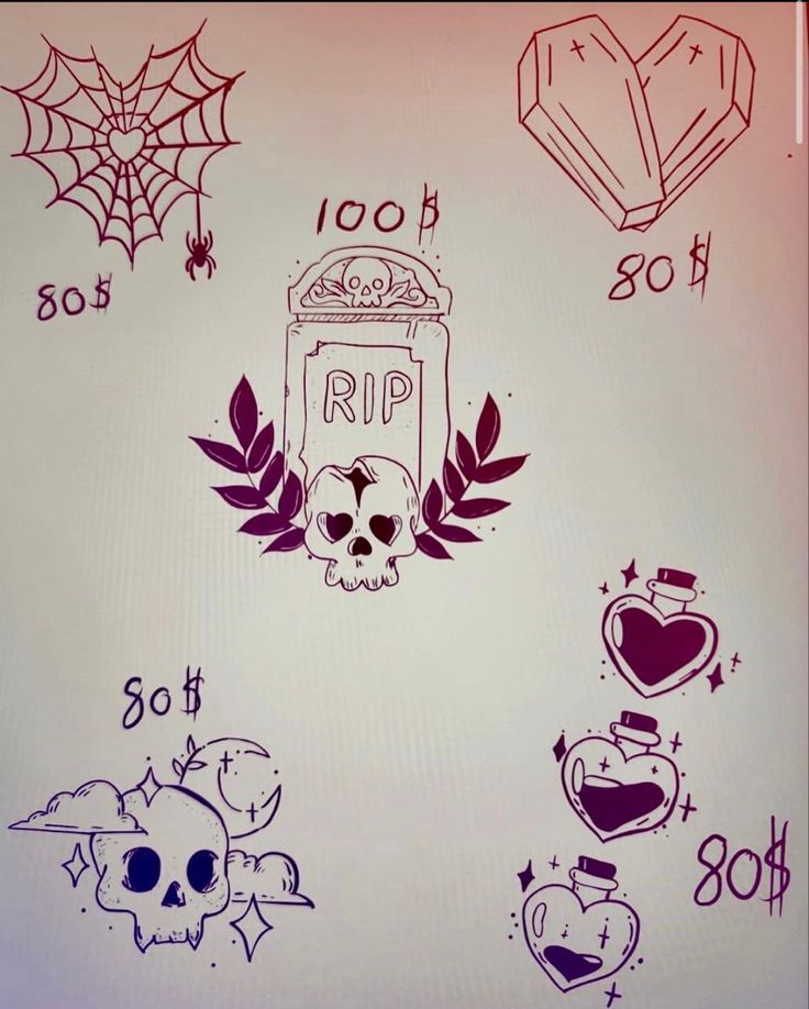 some tattoos on a white board with purple and red ink in the middle one has a skull