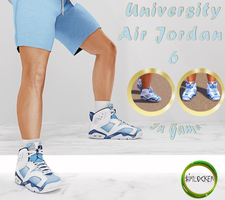 the legs and feet of a person wearing blue shorts with white sneakers, standing in front of an advertisement for university air jordan 6