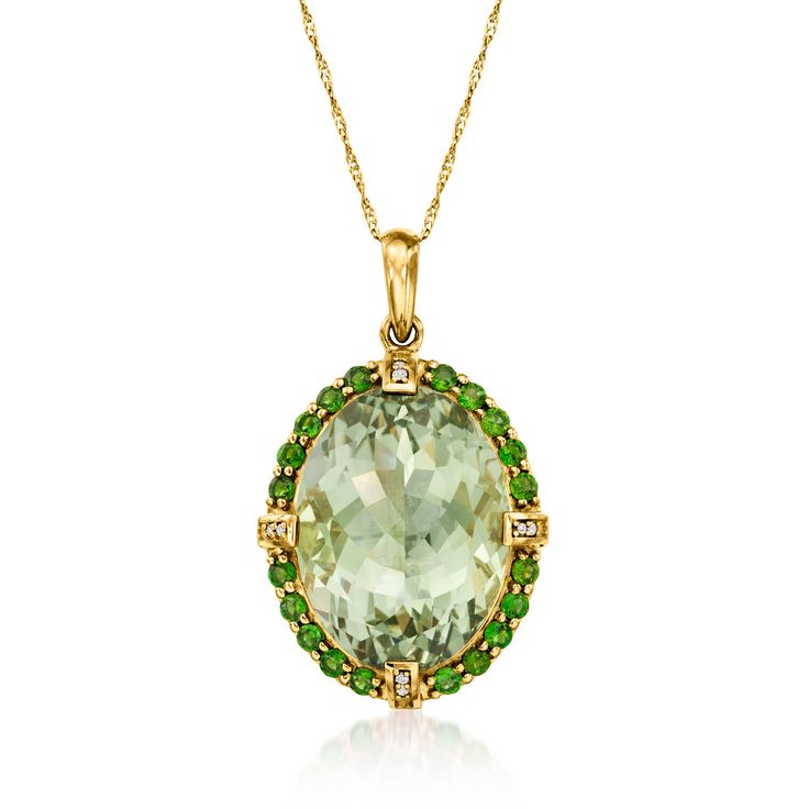 Ross-Simons - 18.00ct Prasiolite, .80ct t. w. Chrome Diopside Pendant, Diamond Accents. Offering a generous dose of green, this eye-catching pendant hosts an 18.00 carat prasiolite oval inside a halo of .80 ct. t. w. chrome diopside rounds and diamond accents. Crafted in 14kt yellow gold. Single bale fits up to a 3mm chain, sold separately. Chrome diopside and prasiolite pendant. Jewelry Essentials, Green Stone, Timeless Jewelry, Fine Jewellery Necklace, Pendant Jewelry, Precious Stones, Jewelry Necklace Pendant, Fine Jewelry, Rose Gold